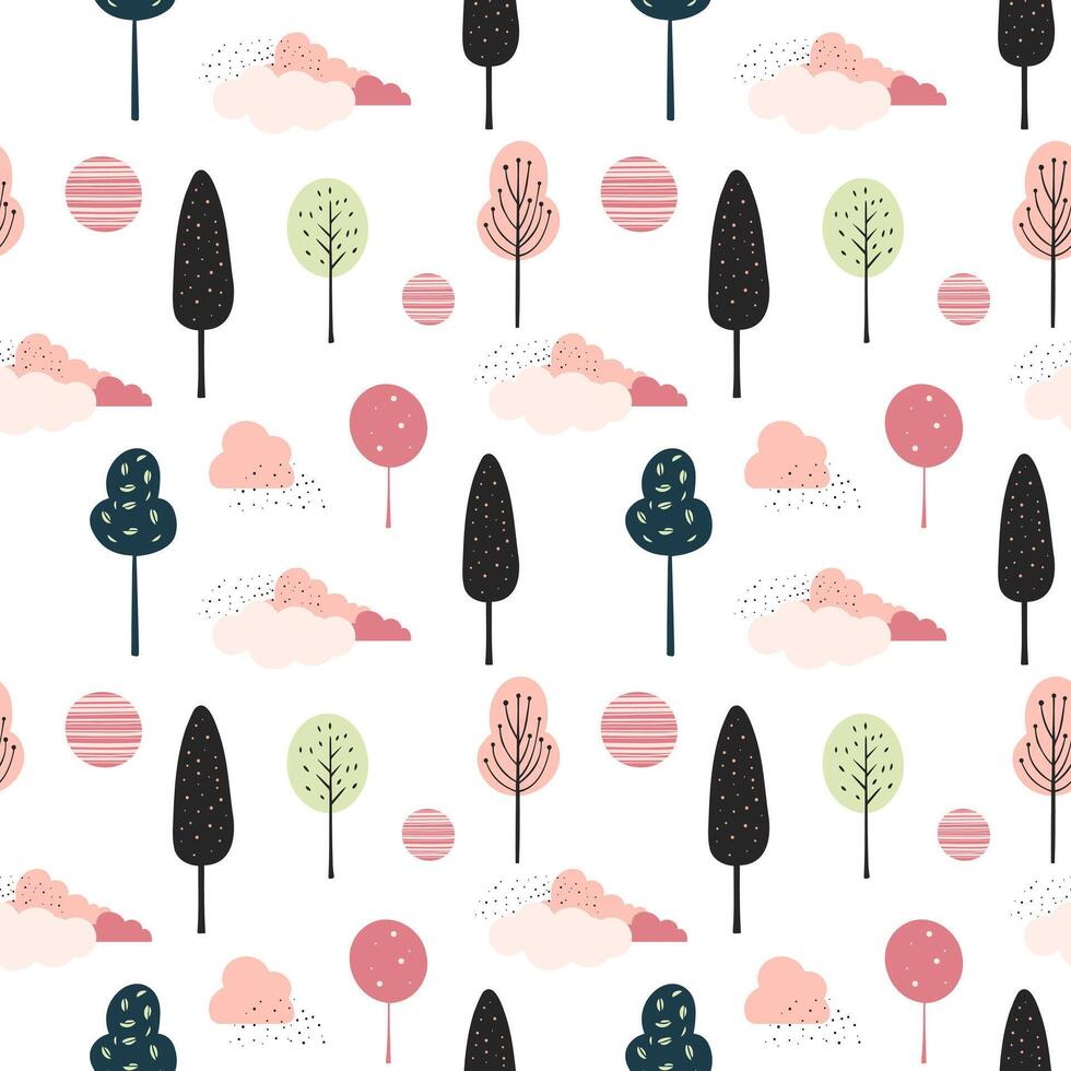 Cute trees seamless pattern. Scandinavian trees and clouds wallpaper. Childish fantasy background. vector