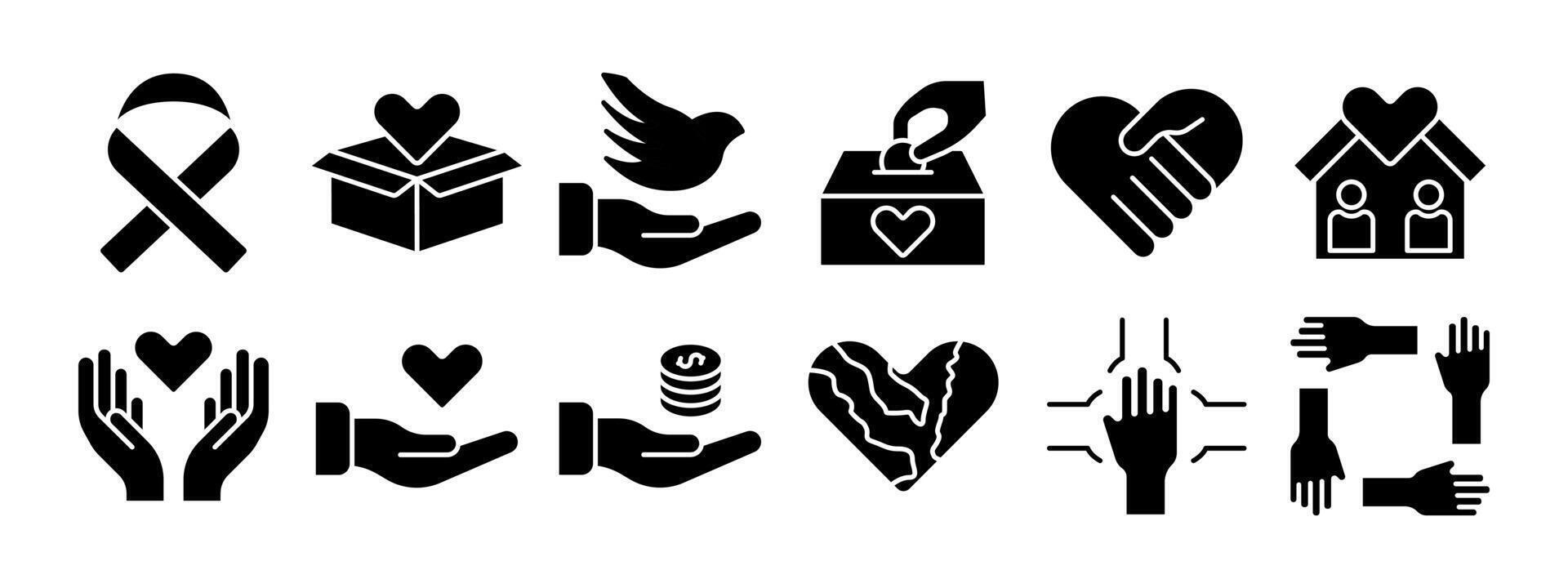 Charity set icon. Ribbon, donation box, peace dove, hands holding heart, house with heart, coins, Earth heart, teamwork, support. Charity and kindness concept. vector