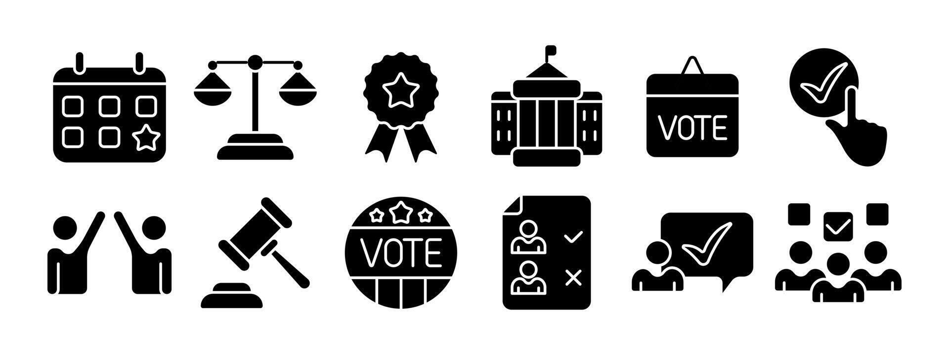 Election set icon. Calendar with star, balance scales, award ribbon, government building, sign, hand pointing at check mark, gavel, badge, candidate list. Elections, democracy. vector