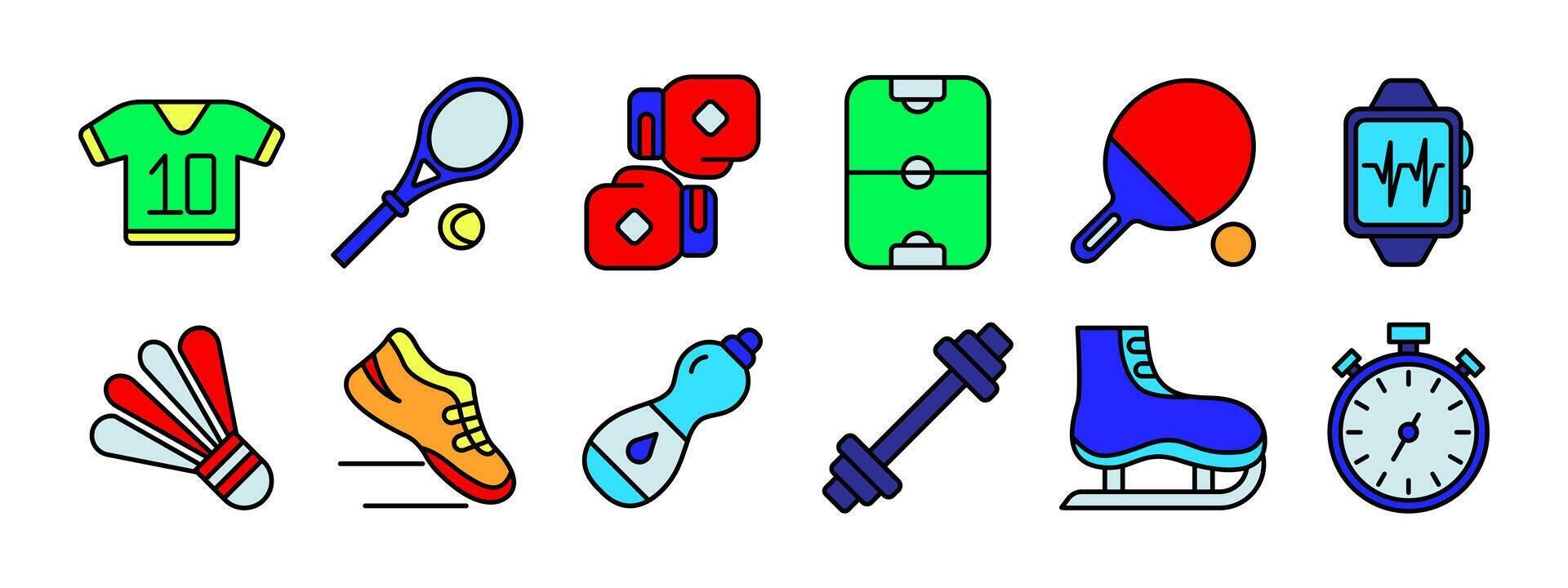 Sport equipment set icon. Jersey, tennis racket, boxing gloves, field, table tennis paddle, smartwatch, shuttlecock, running shoe, water bottle, dumbbell, ice skate, stopwatch. Fitness and exercise vector