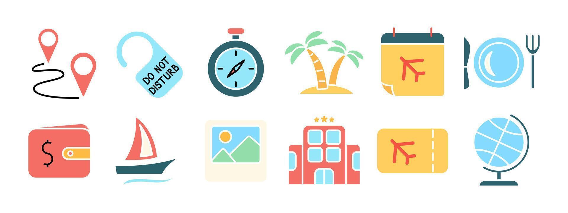 Travel set icon. Location pin, do not disturb sign, stopwatch, palm trees, calendar, plate, wallet, sailboat, photo, hotel, airplane ticket, globe. Tourism and vacation concept. vector