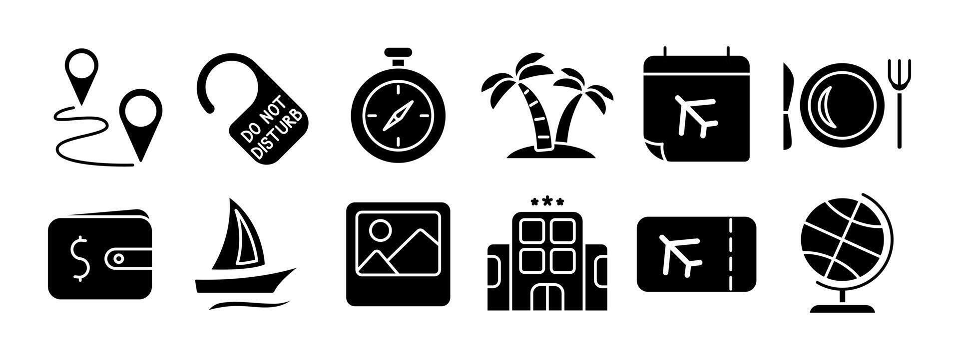 Travel set icon. Location pin, do not disturb sign, stopwatch, palm trees, calendar, plate, wallet, sailboat, photo, hotel, airplane ticket, globe. Tourism and vacation concept. vector