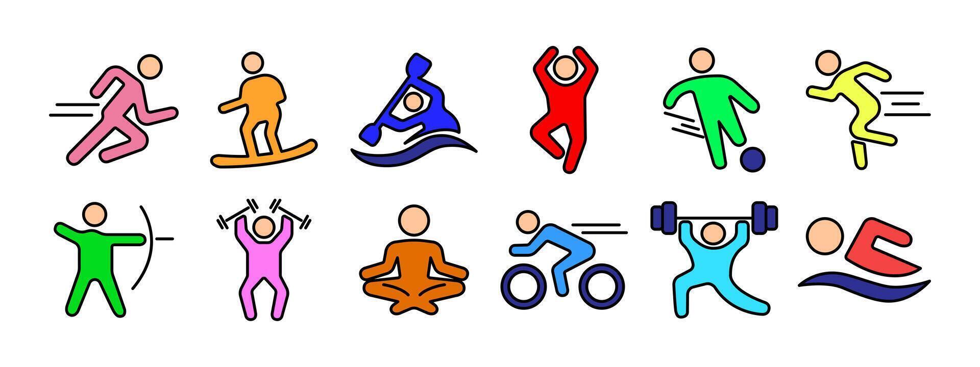 Sport set icon. Running, surfing, kayaking, jumping, soccer, archery, weightlifting, yoga, cycling, swimming. Physical activity and fitness concept. vector