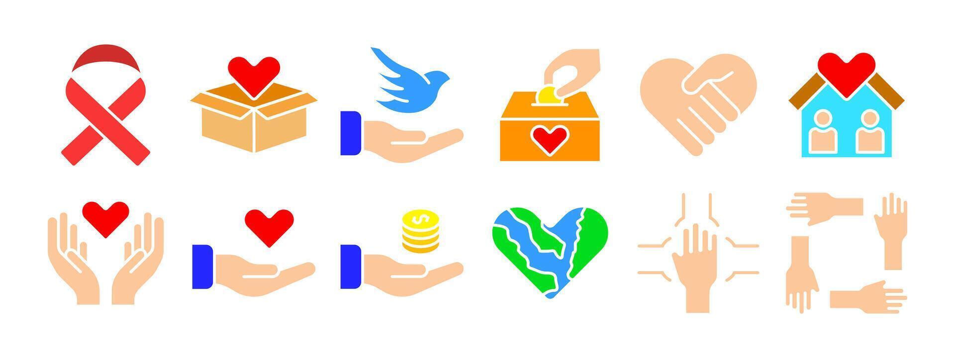 Charity set icon. Ribbon, donation box, peace dove, hands holding heart, house with heart, coins, Earth heart, teamwork, support. Charity and kindness concept. vector