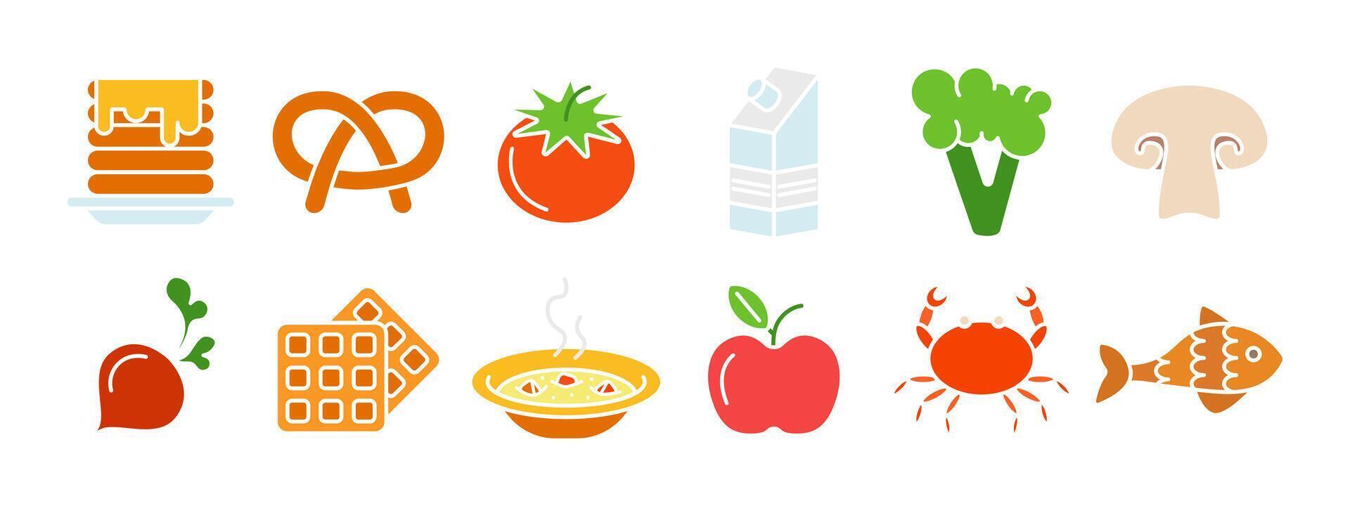 Food set icon. Pancakes with syrup, pretzel, tomato, milk carton, broccoli, mushroom, radish, waffle, soup, apple, crab, fish. Food, cuisine. vector
