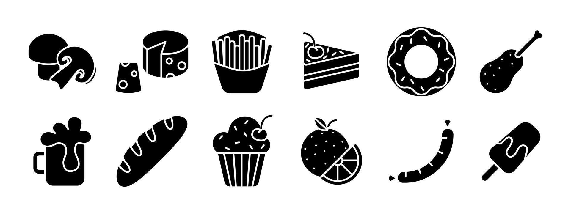 Food set icon. Mushroom, cheese, fries, cake, donut, chicken leg, beer, baguette, cupcake, orange, sausage, popsicle. Food, cuisine. vector