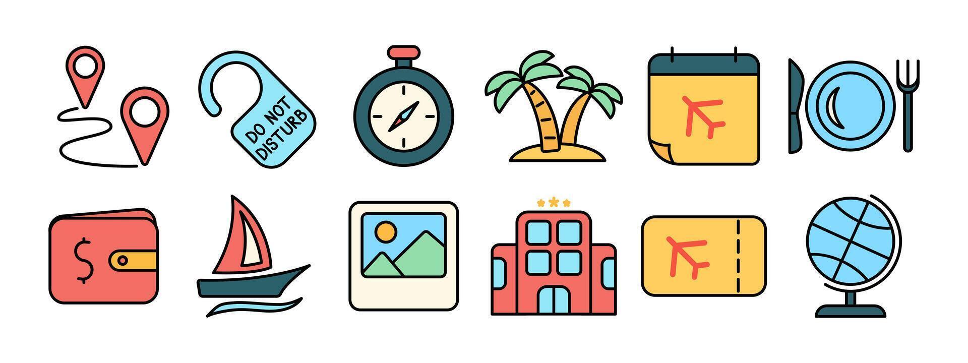 Travel set icon. Location pin, do not disturb sign, stopwatch, palm trees, calendar, plate, wallet, sailboat, photo, hotel, airplane ticket, globe. Tourism and vacation concept. vector