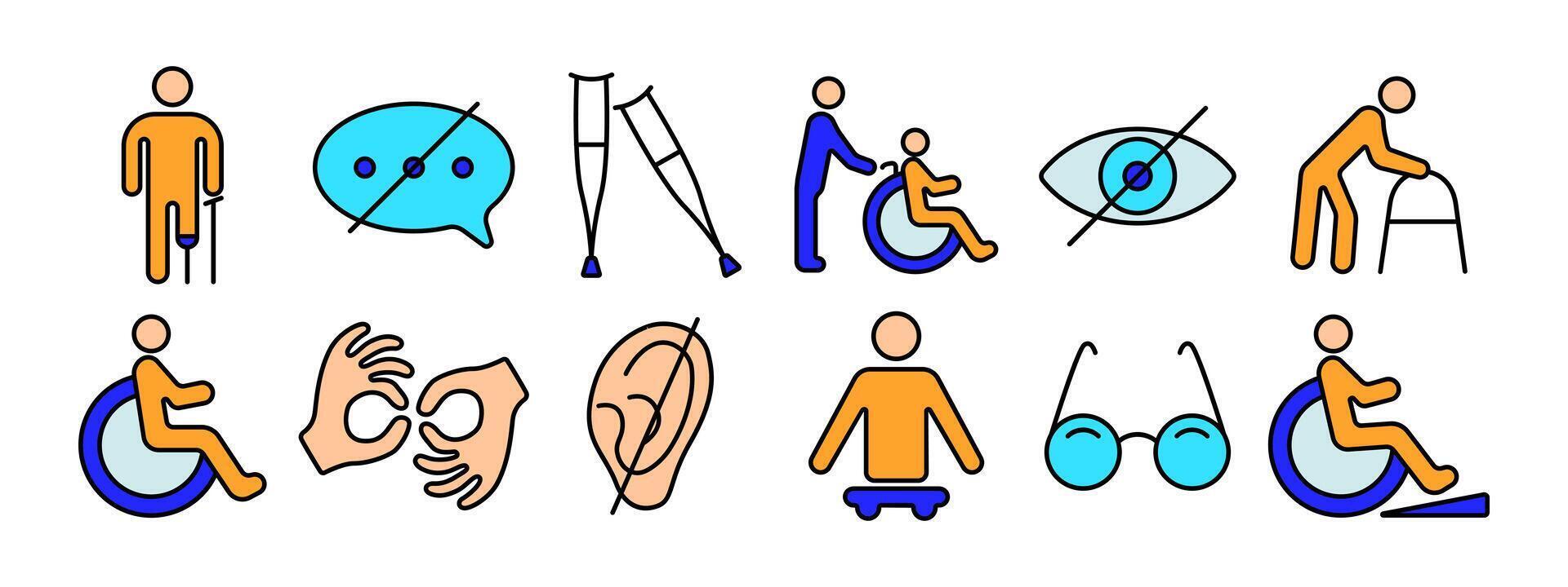 Disability set icon. Crutches, speech bubble, wheelchair, helper, vision impairment, walker, hearing aid, sign language, prosthetic limb, glasses, ramp. Accessibility and support concept. vector