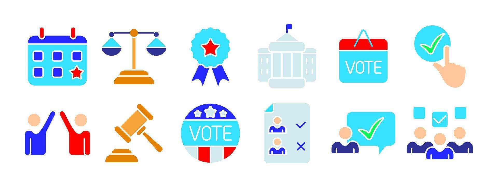 Election set icon. Calendar with star, balance scales, award ribbon, government building, sign, hand pointing at check mark, gavel, badge, candidate list. Elections, democracy. vector