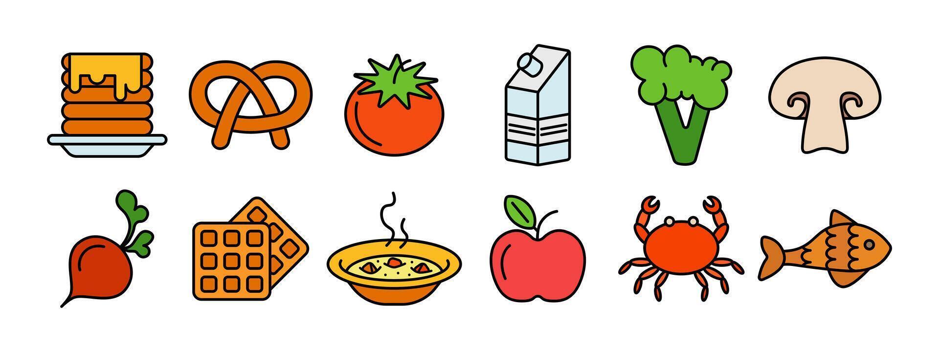 Food set icon. Pancakes with syrup, pretzel, tomato, milk carton, broccoli, mushroom, radish, waffle, soup, apple, crab, fish. Food, cuisine. vector