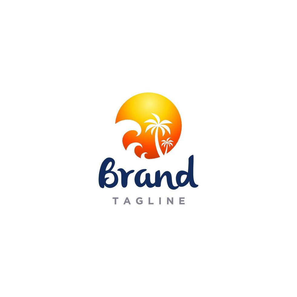 Beach Scene Inside Circle Logo Design. Waves And Coconut Trees In Round Logo Design. vector