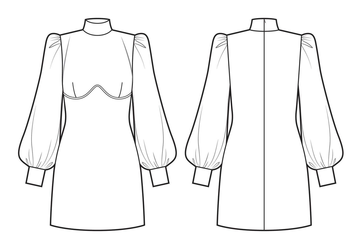 Woman's dress with puff sleeves, fashion technical sketch. vector
