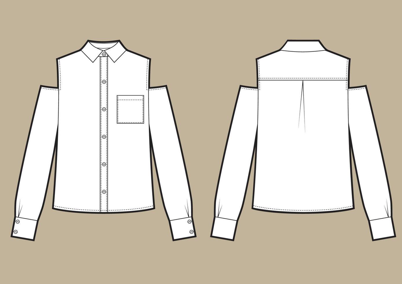 Shoulderless classic shirt fashion technical sketch. vector