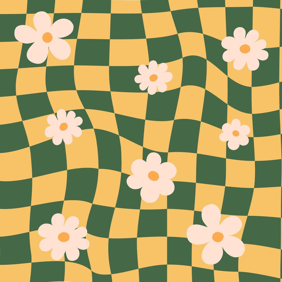Hippie checkered seamless patterns with daisy flowers, groovy checkerboard backgrounds. Funky vintage aesthetic floral fashion textile print, retro psychedelic waves pattern with daisies set vector