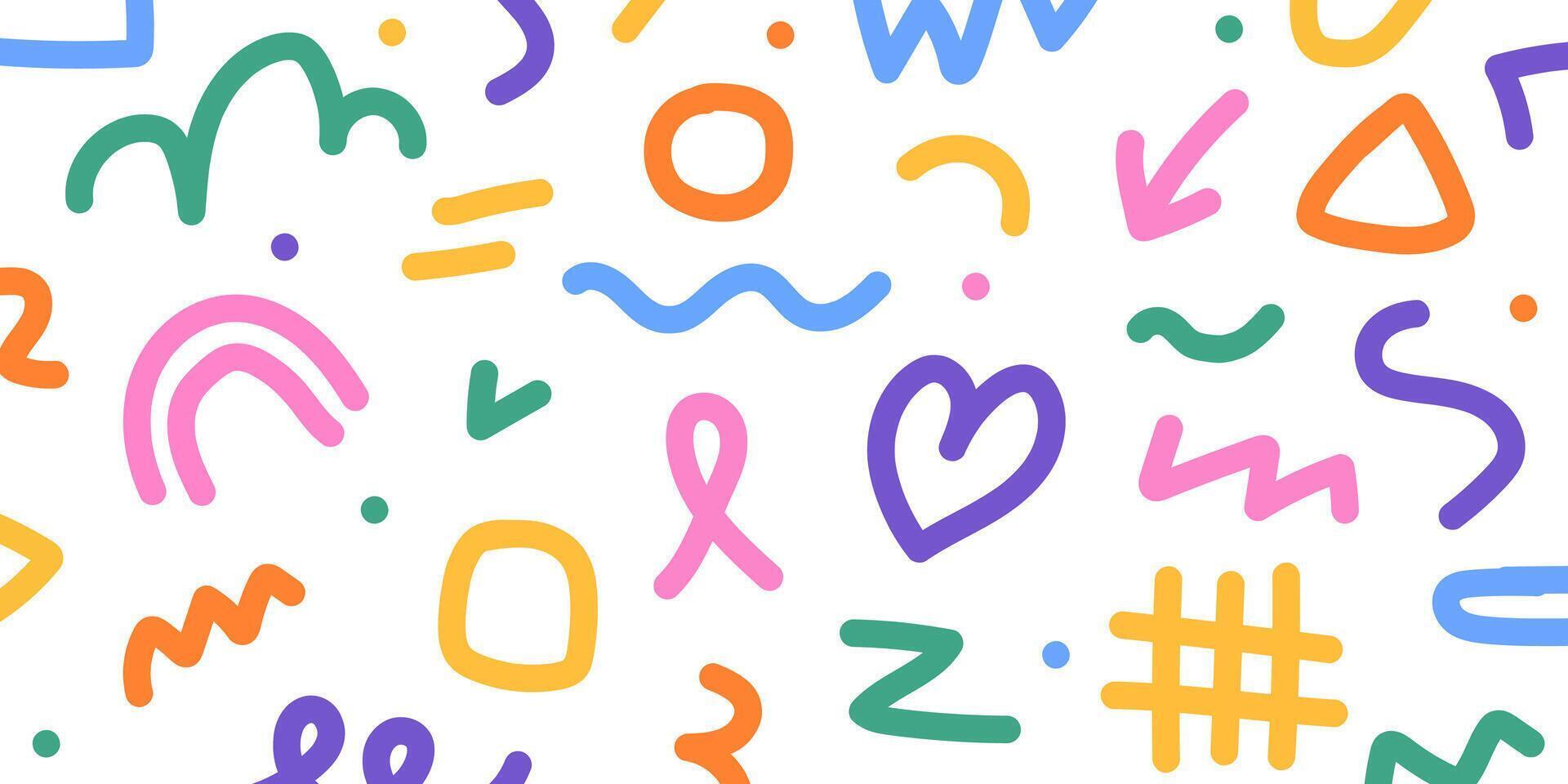 Fun colorful seamless pattern. Creative doodle abstract style art background for kids. Trendy texture design with contemporary basic shapes. illustration vector