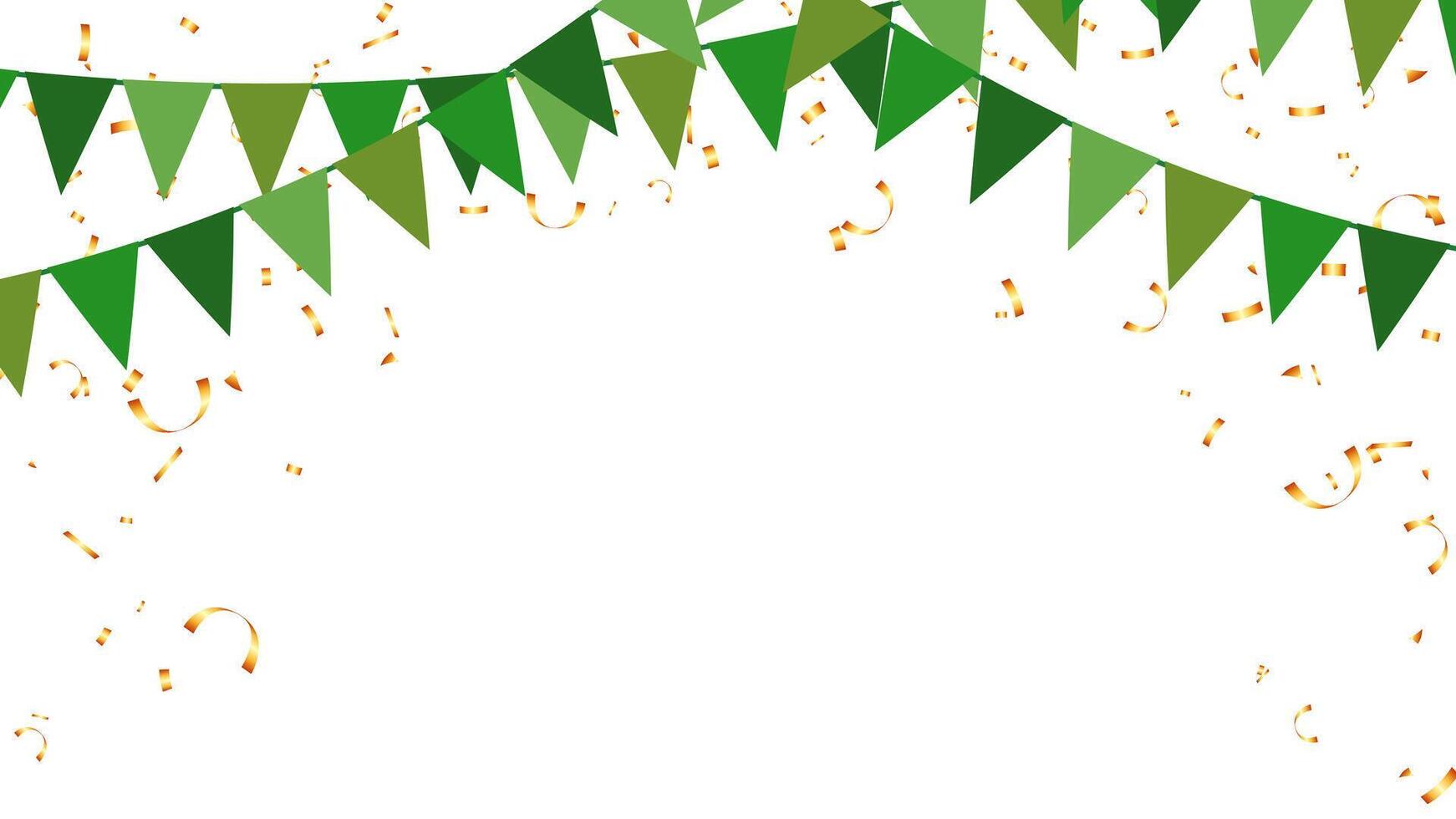 Frame green color bunting garland flag and gold confetti holiday decoration elements vector