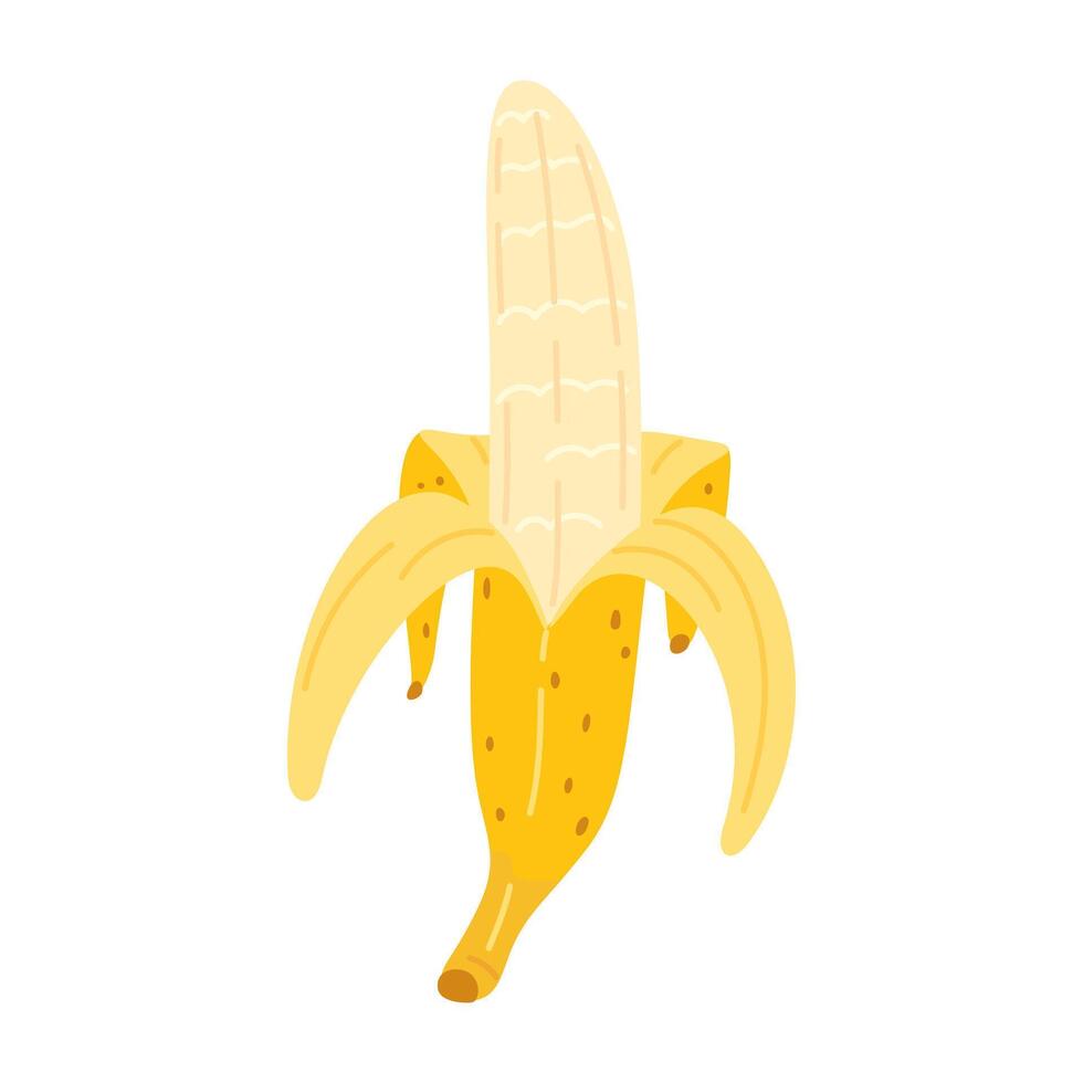 Cartoon Banana icon. Hand drawn ripe peeled banana, trendy flat style yellow fruit. Tropical fruit, banana snack or vegetarian nutrition. Isolated on white illustration vector