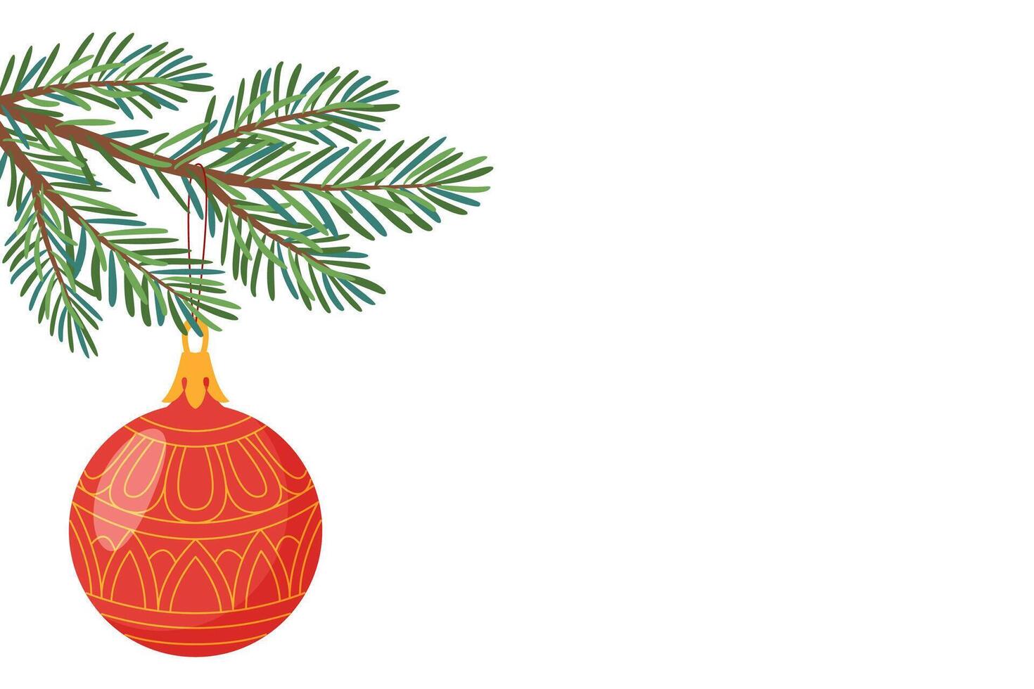 Christmas tree branch with red christmas ball. Modern flat style red bauble. Decor for Christmas, new year and holidays. Hand drawn isolated on white illustration vector