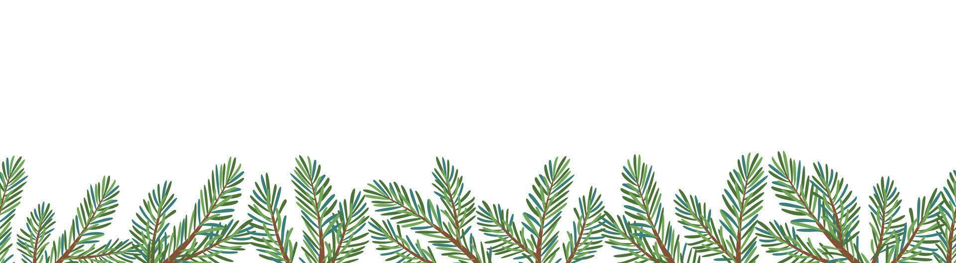 Christmas tree seamless border isolated on white. Hand drawn trendy flat style green spruce branches Christmas Larch, Pine, evergreen tree seamless banner for holiday decoration illustration vector