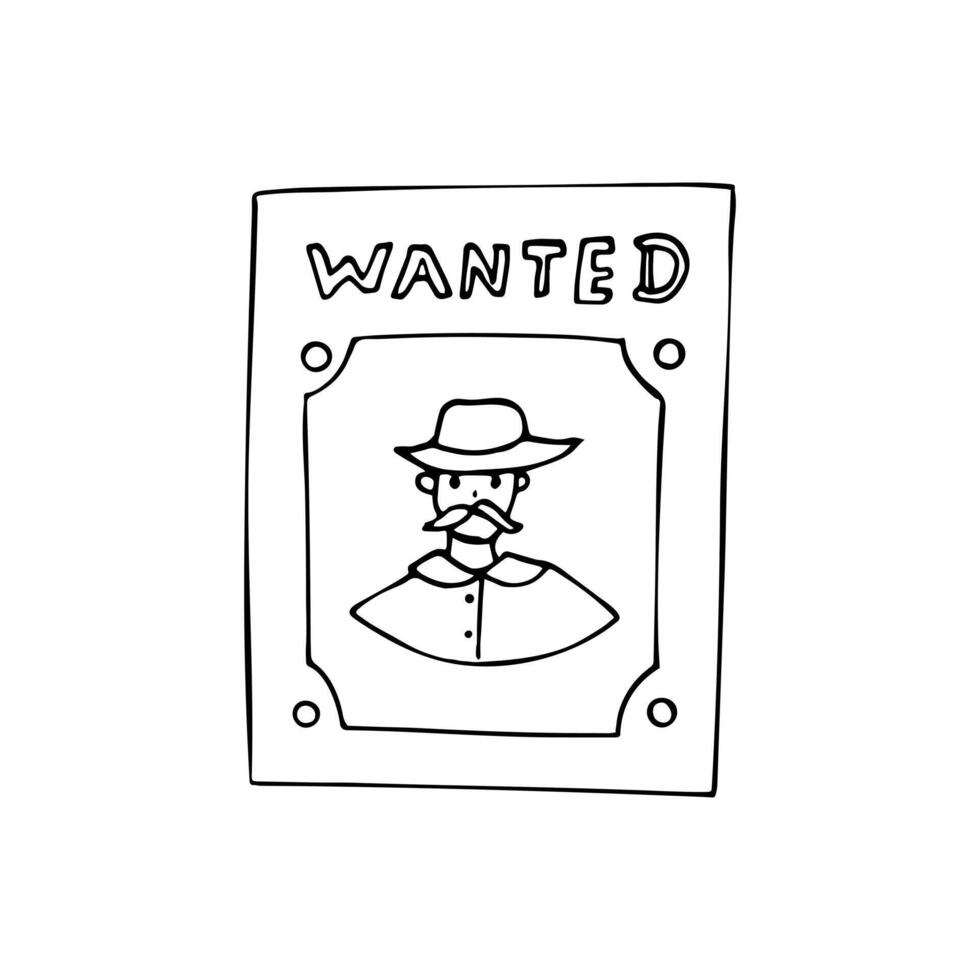 Hand-drawn Wanted vintage western poster. Crime outlaw. Wanted for reward. Cowboy banner vector