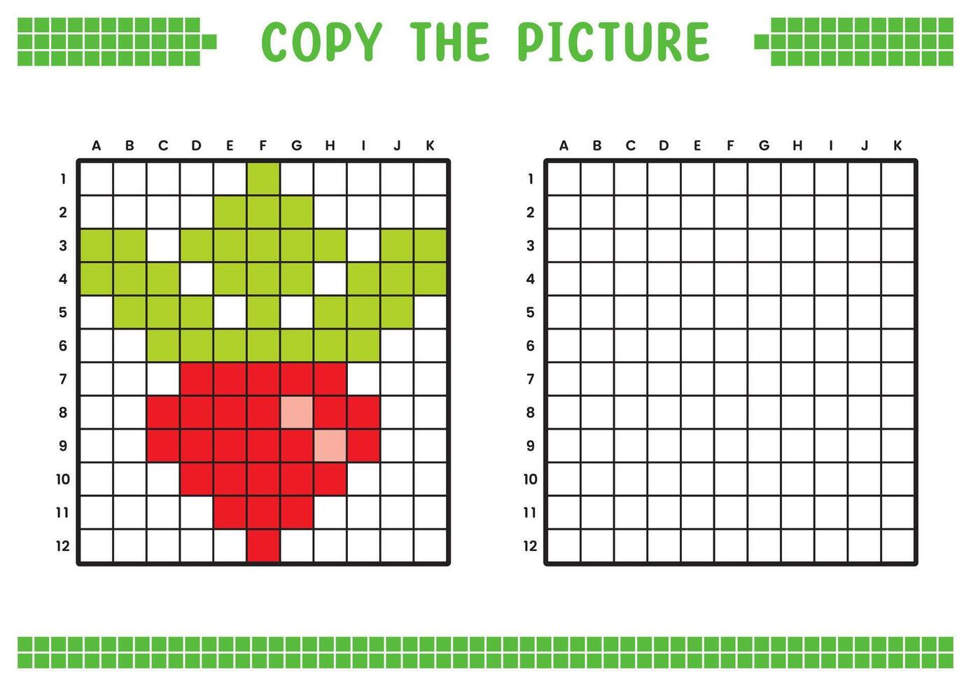 Copy the picture, complete the grid image. Educational worksheets drawing with squares, coloring cell areas. Children's preschool activities. Cartoon, pixel art. Red radish illustration. vector