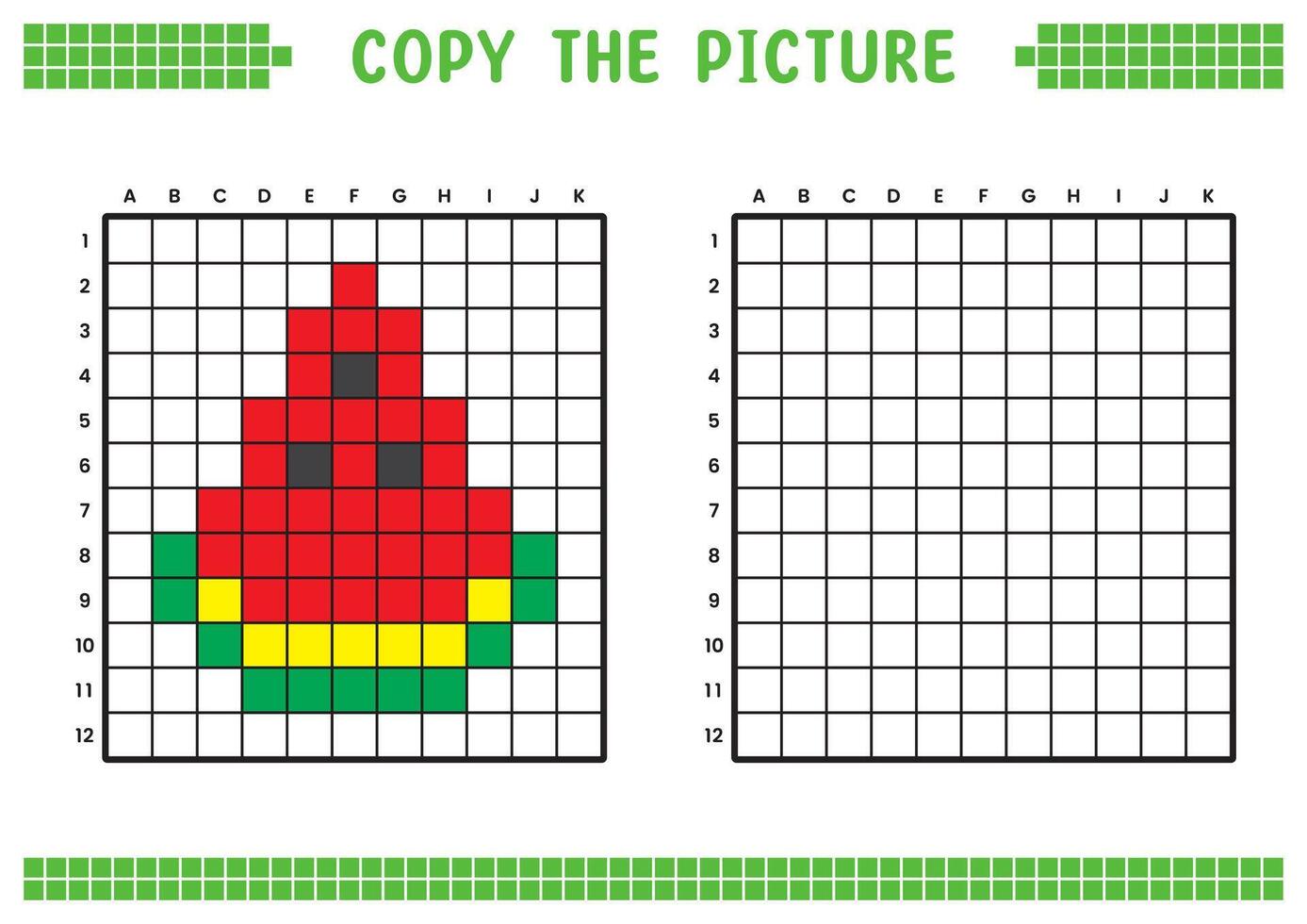 Copy the picture, complete the grid image. Educational worksheets drawing with squares, coloring areas. Children's preschool activities. Cartoon, pixel art. Cut red watermelon illustration. vector