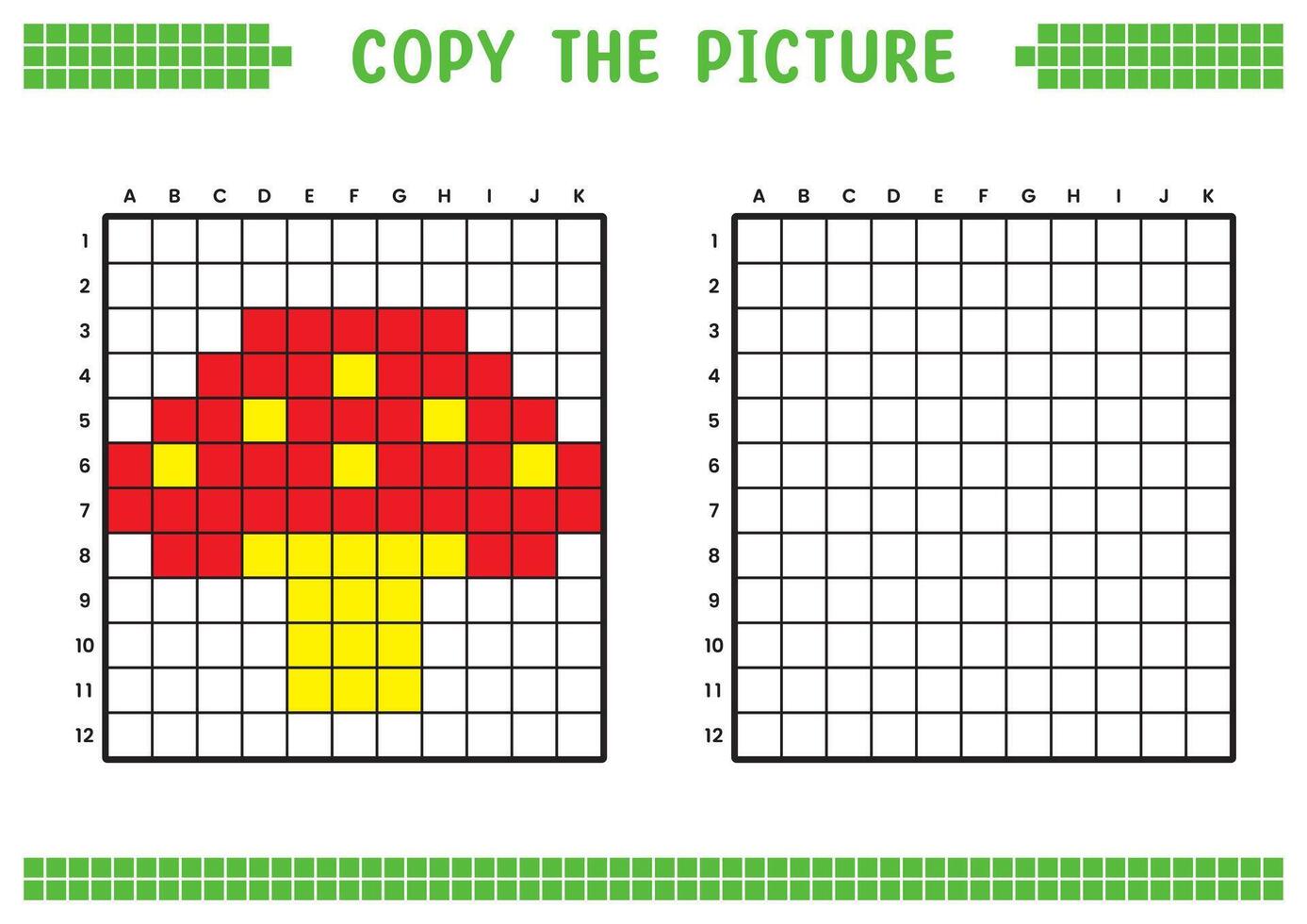 Copy the picture, complete the grid image. Educational worksheets drawing with squares, coloring cell areas. Children's preschool activities. Cartoon, pixel art. Mushroom illustration. vector