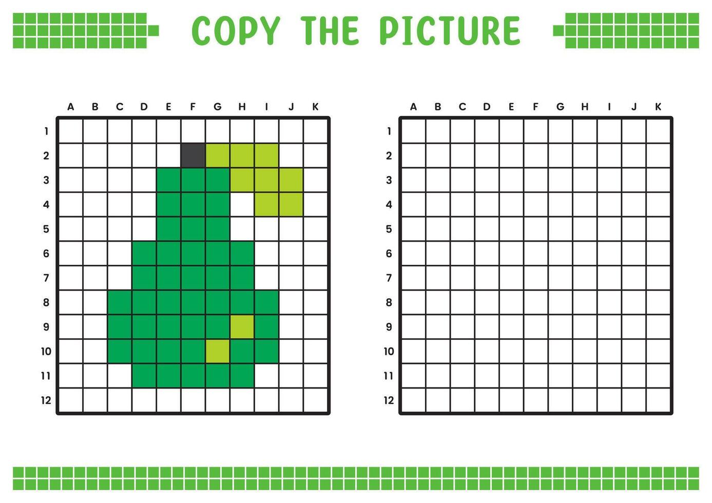 Copy the picture, complete the grid image. Educational worksheets drawing with squares, coloring cell areas. Children's preschool activities. Cartoon, pixel art. Avocado illustration. vector