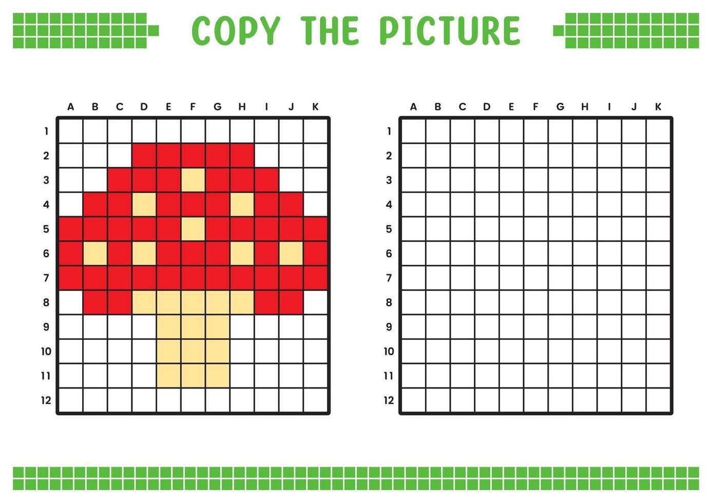 Copy the picture, complete the grid image. Educational worksheets drawing with squares, coloring cell areas. Children's preschool activities. Cartoon, pixel art. Mushroom illustration. vector