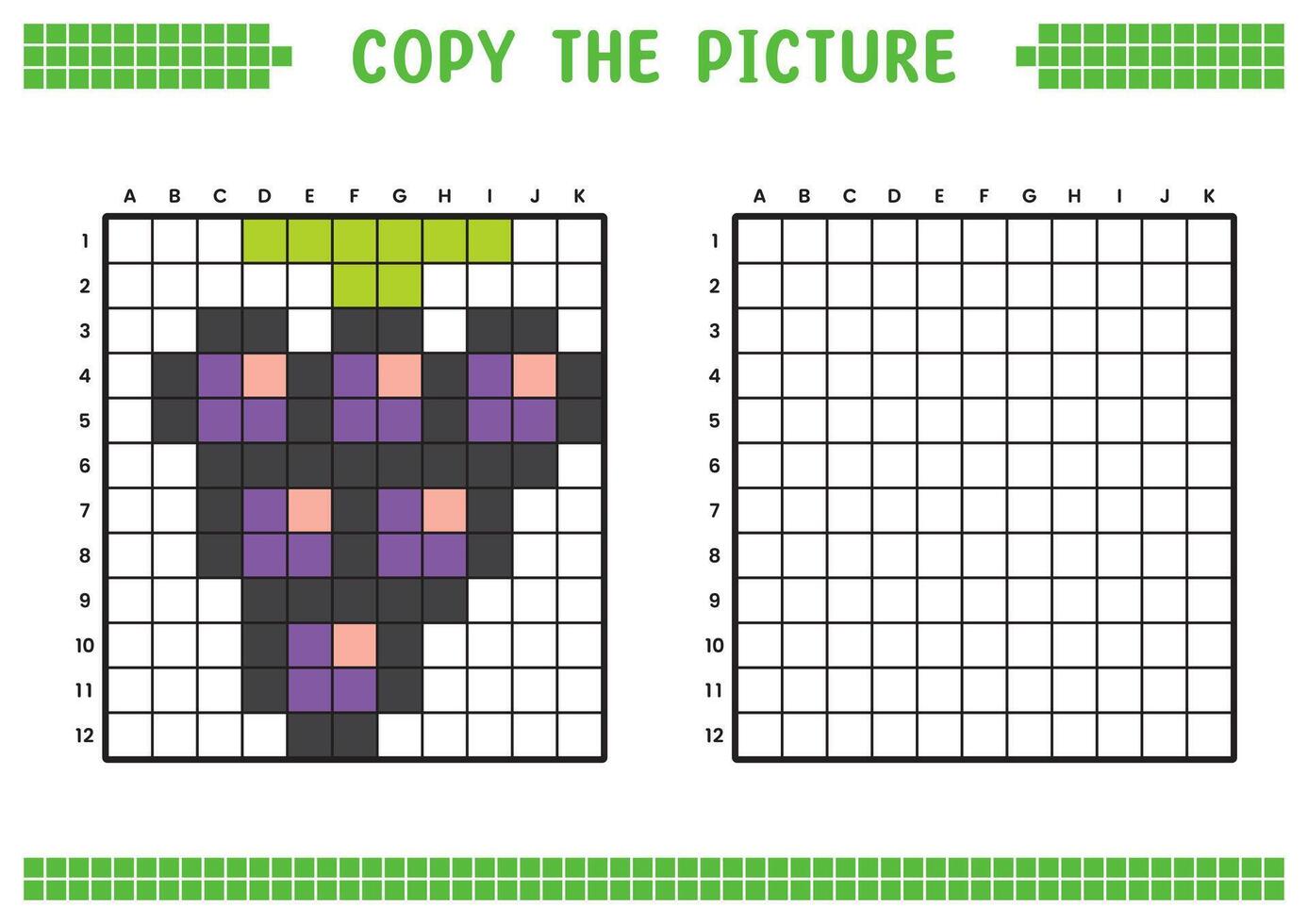 Copy the picture, complete the grid image. Educational worksheets drawing with squares, coloring cell areas. Children's preschool activities. Cartoon , pixel art. Purple grapes illustration. vector