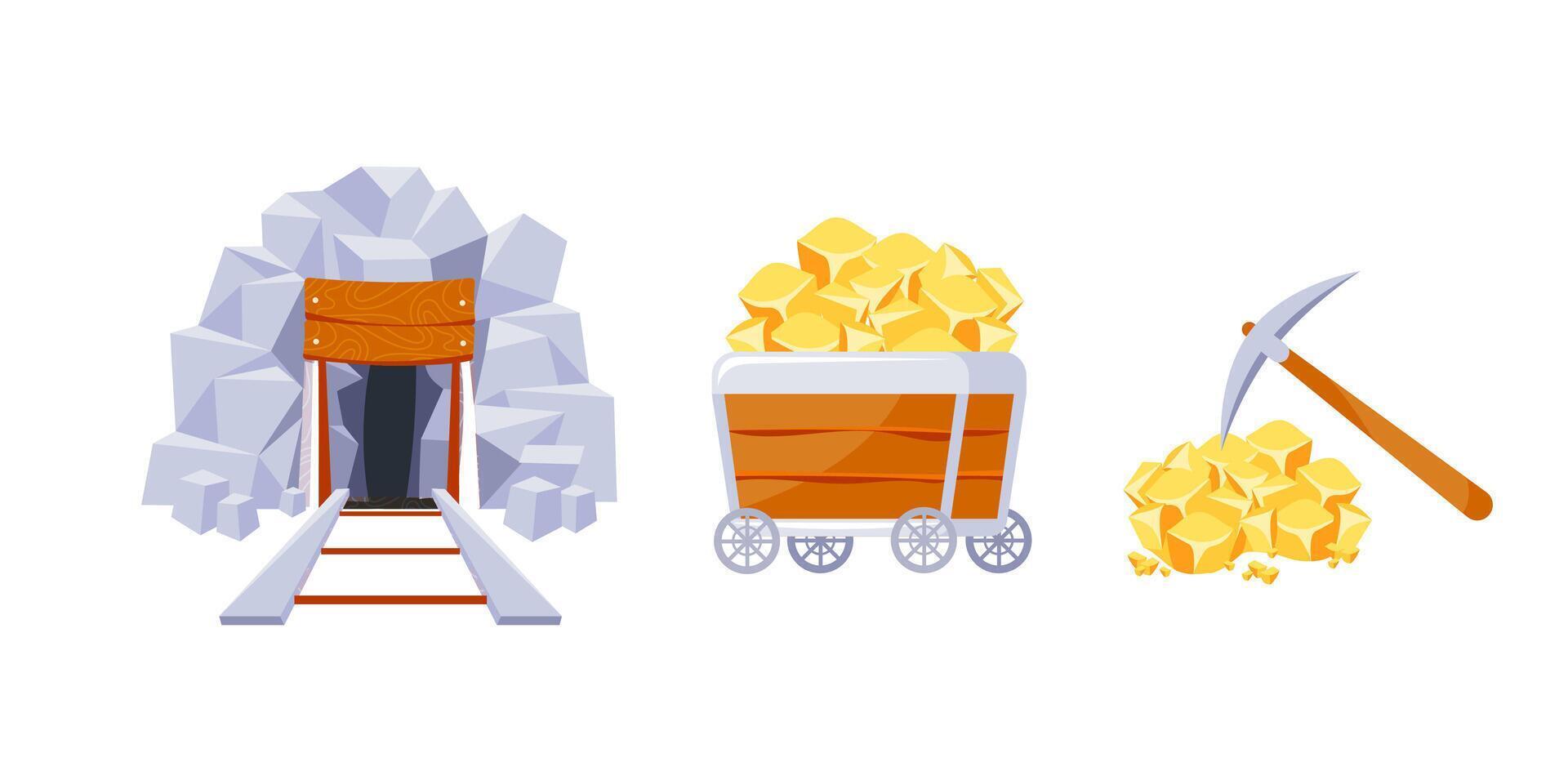 Mining icon set. Gold Mine tools. Pile of Valuable Minerals and Trolley. Retro tunnel. Old mine. vector