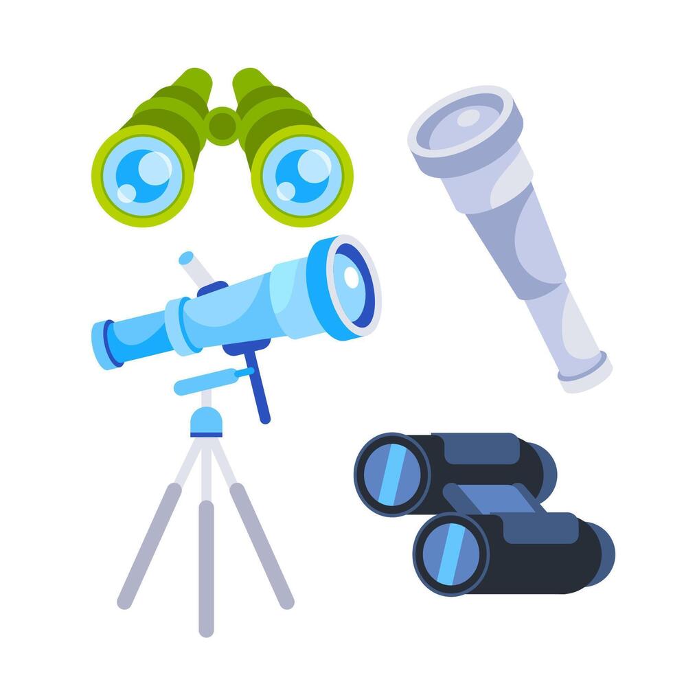 Binoculars, optical equipment. Search, explore and zoom vision set. vector