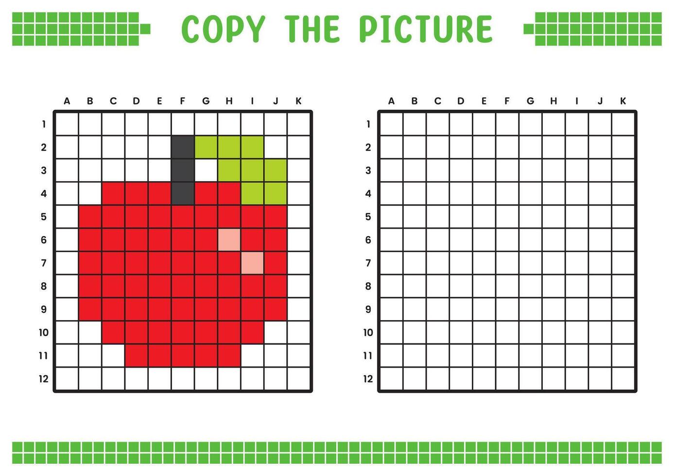 Copy the picture, complete the grid image. Educational worksheets drawing with squares, coloring cell areas. Children's preschool activities. Cartoon, pixel art. Red apple illustration. vector