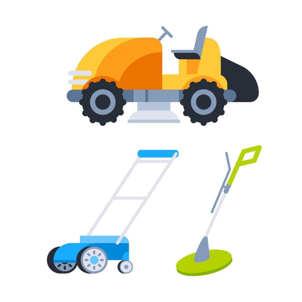 Lawnmower machine. Grass cutting. Garden machines mowing lawn leaves vector