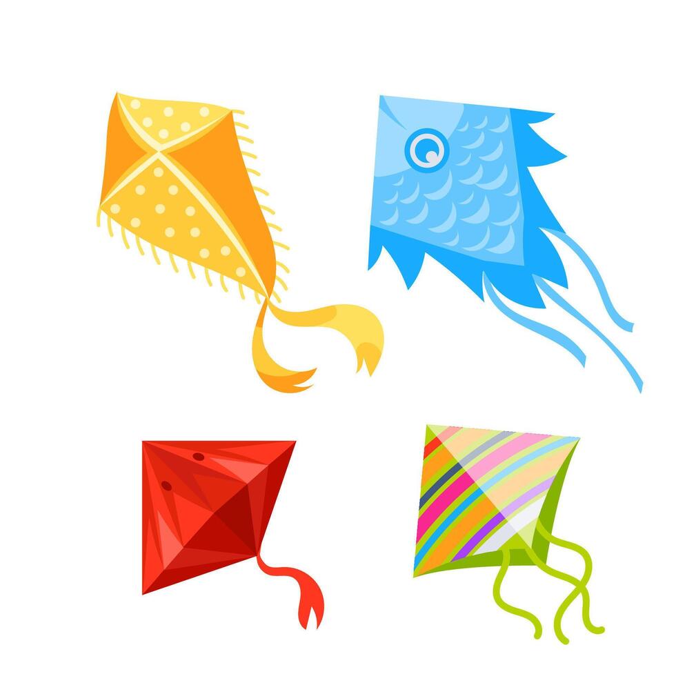 Kite in sky. Wind flying toy with ribbon and tail for kids. Cartoon kites vector