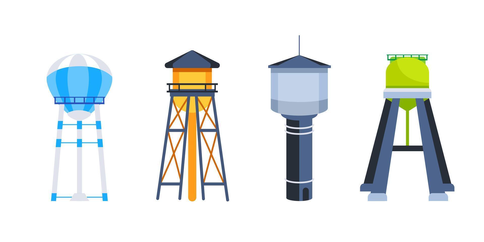 Water tower set. Elevated Water Tank. Industrial tank. vector