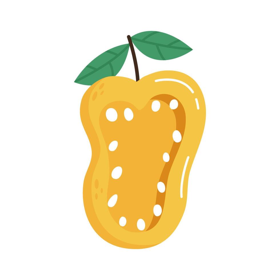 Yellow raw half of bell pepper vegetable for natural organic food. Fresh ripe pepper cut half with seeds. Flat illustration isolated on white background. vector
