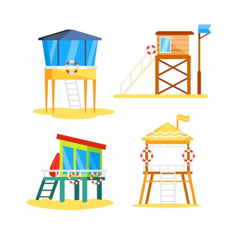 Lifeguard tower set. lifequarder construction. Station beach building. vector