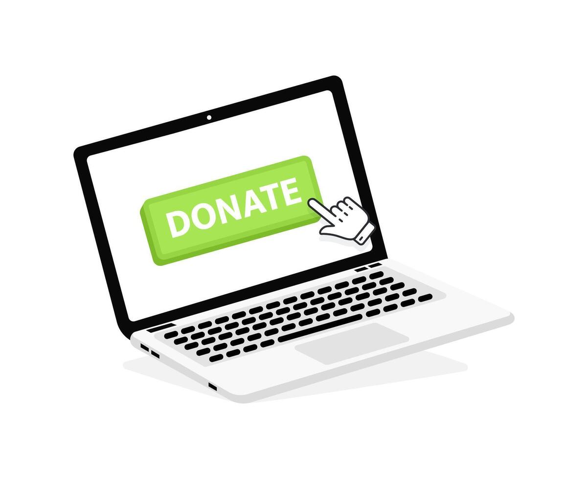 Donate text on Laptop screen with a red button . Button with pointer clicking. Finger Pressing vector