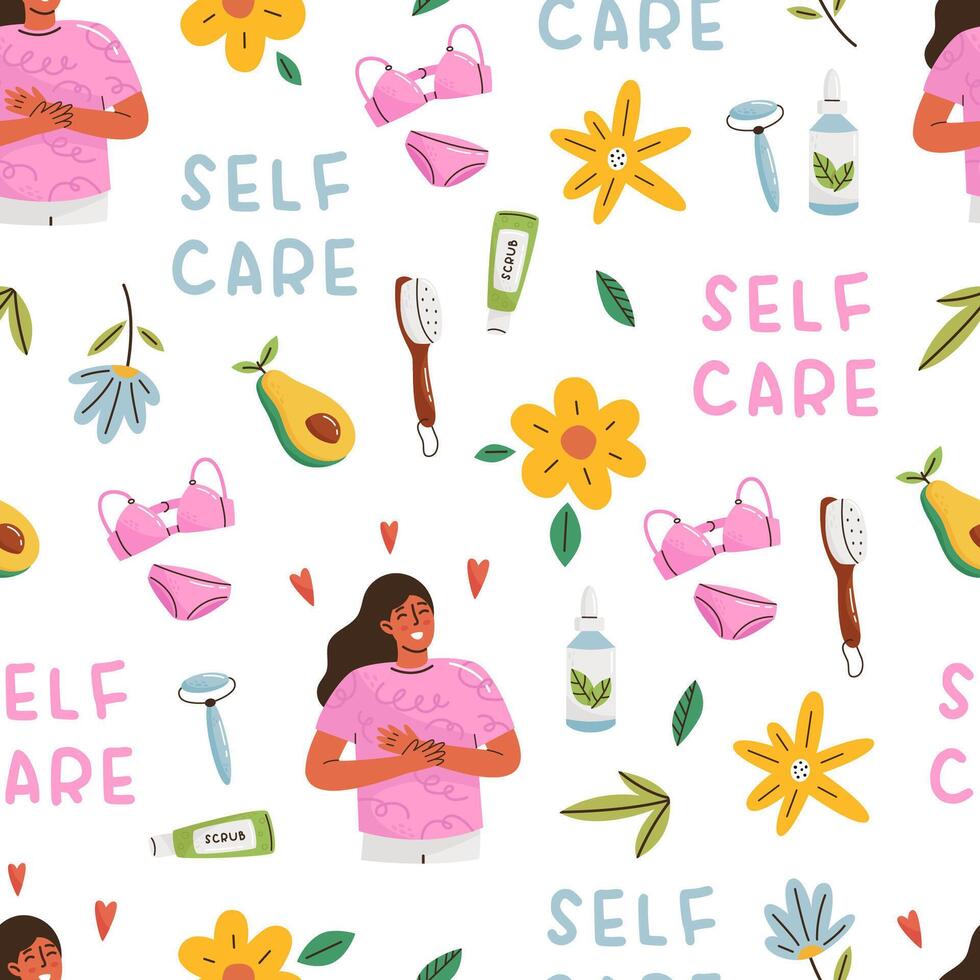 Seamless pattern on self care theme. Love, relaxation time, slow life, positive, health, beauty concept. Flat cartoon illustration, hand drawn style, isolated on white. vector