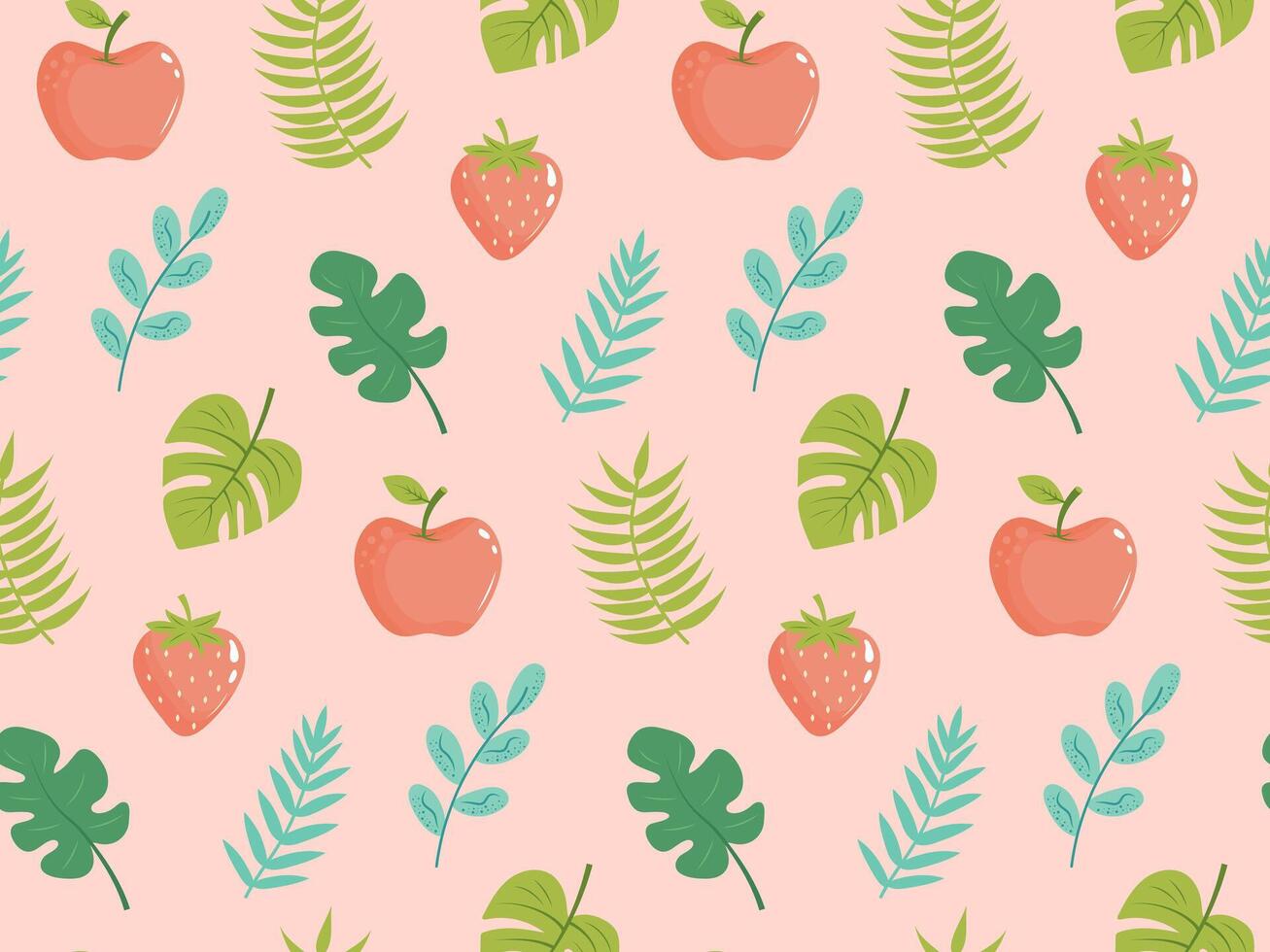 Seamless pattern with tropical leaves, twigs, strawberry and apple. Exotic floral pattern for design and textile. Summer background in pastel colors. vector