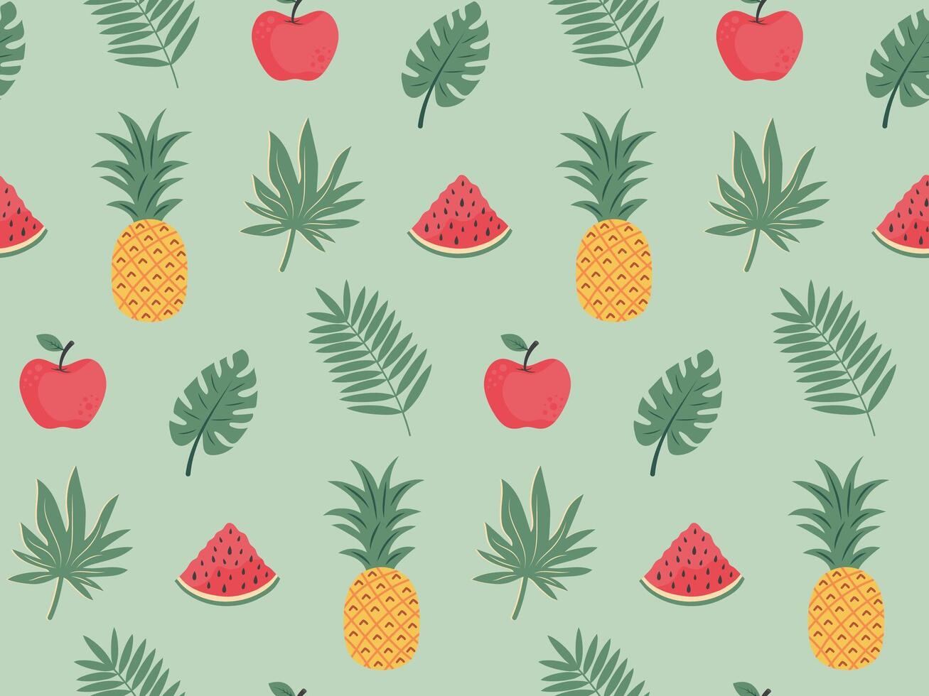 Seamless pattern with tropical leaves, pineapple, watermelon and apple. Exotic floral pattern for design and textile. Summer background in pastel colors. vector