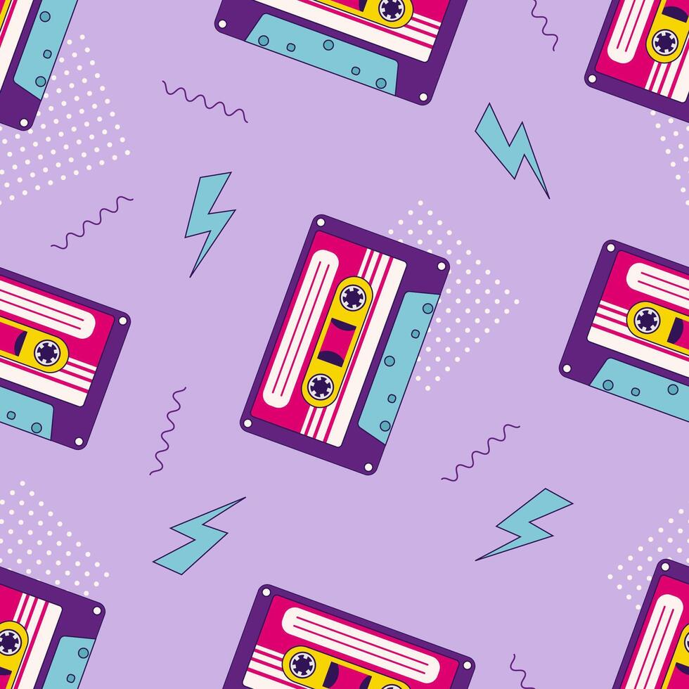 80s, 90s retro elements. Pattern with audio cassettes and geomitrical elements in the Memphis style vector