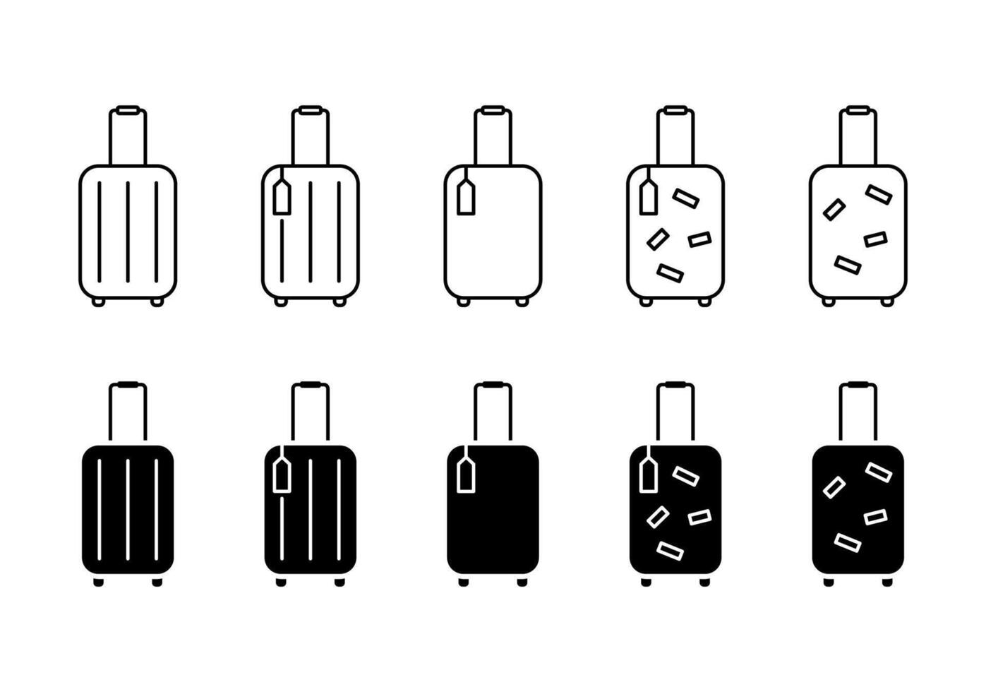 Set of different suitcases icons illustrations isolated on white background. Luggage baggage outline icons and black silhouettes. Travel concept icon sheet vector