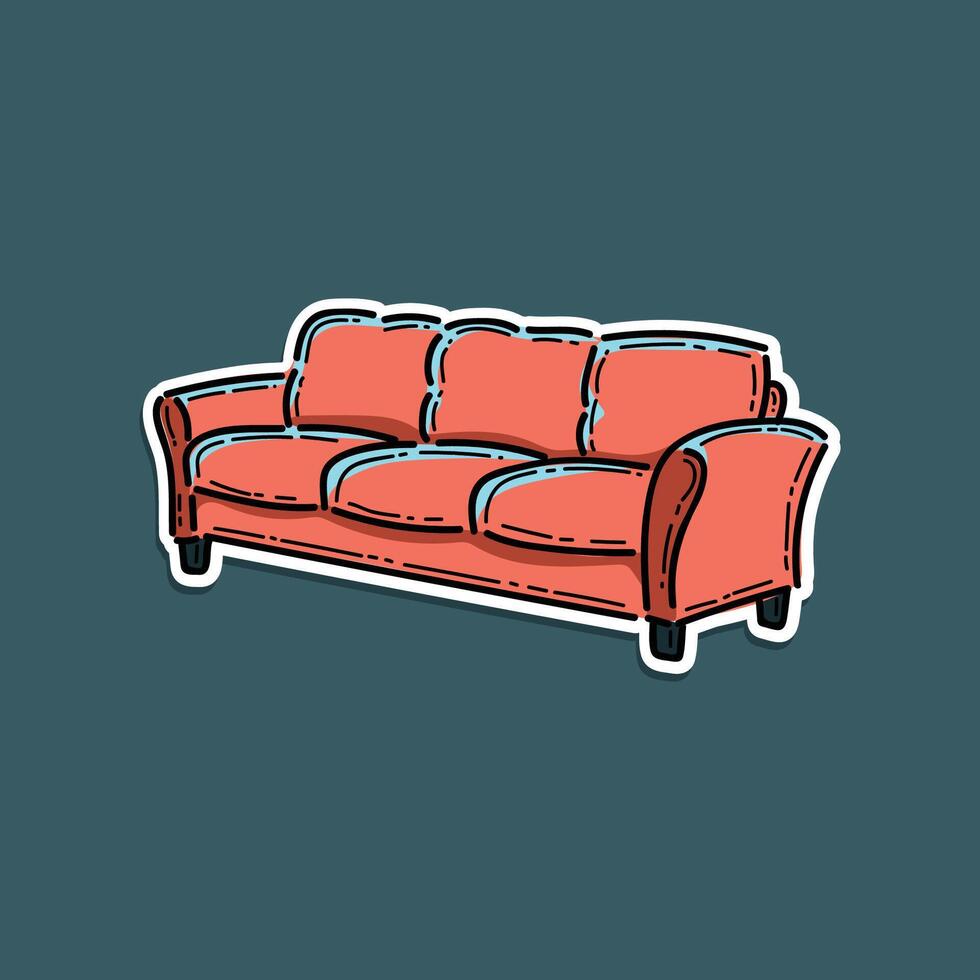 Sofa and couches red colorful cartoon illustration isolated in a blue background. Stylish comfortable red sofa with orange pillows. Mid century modern furniture, interior element. Elegant couch vector