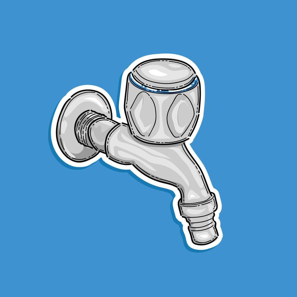 water tap hand drawing engraving illustration sticker clip art isolated on blue background. Doodle style, sketch illustration. Save water. Faucet, kitchen and bathroom tap vector