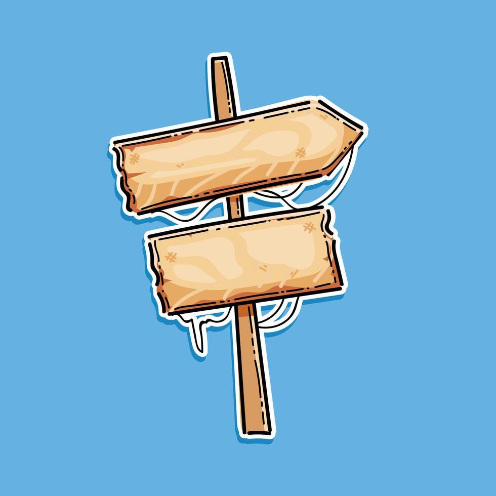 Wooden blank sign cartoon sticker illustration design isolated in a blue background. Wooden sign post with arrows pointing. Hand draw Wooden signboards arrow sign empty signboard vector