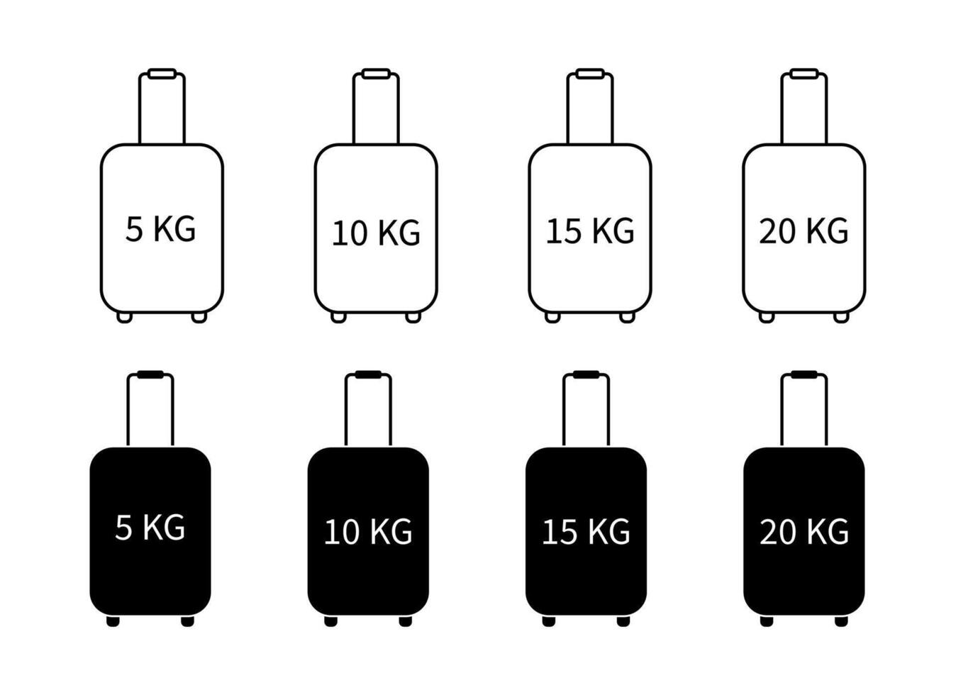 Baggage suitcase and different weight signs icons set isolated. Outline icons and black silhouettes. Cabin luggage graphic elements vector