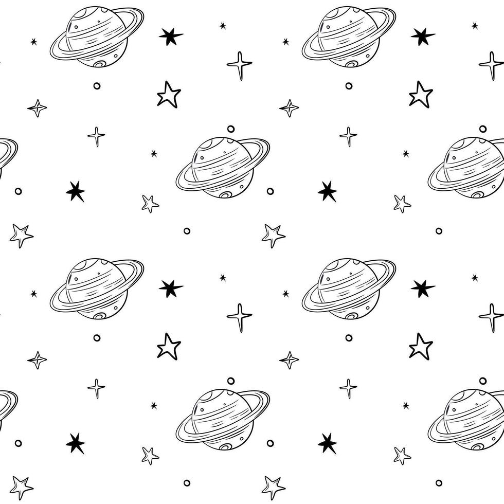 Monochrome seamless pattern with stars and planet. Space background. Space elements. vector