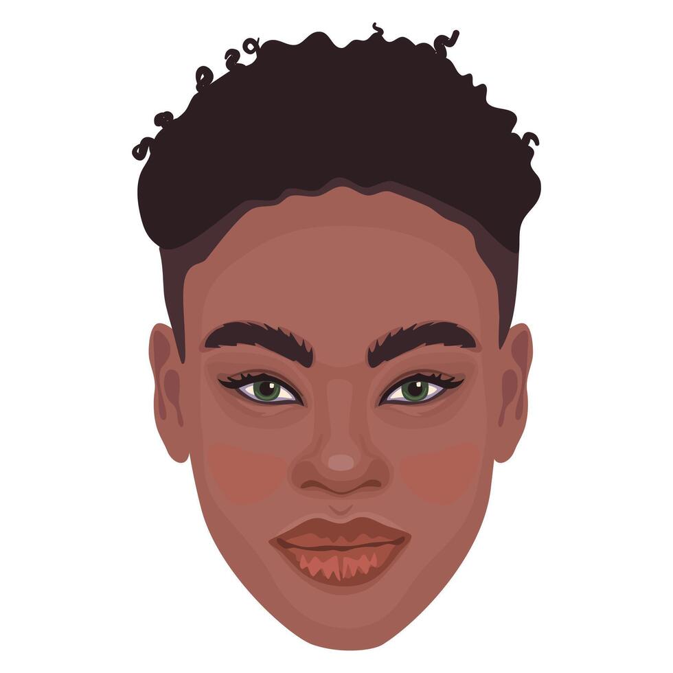 Attractive black woman with short curly hair, looking at camera, copy space for your concept text advertisement, head shot portrait. Female avatar for social media. vector